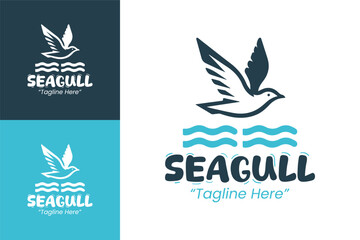 Seagull Logo with Flying Wings and Waves in Blue and White Colors