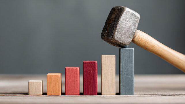 Hammer used as symbol of leadership smash bar chart, representing power in business decision
