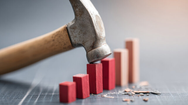Hammer used as symbol of leadership smash bar chart, representing power in business decision
