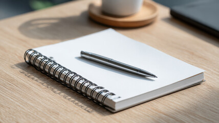 Notebook with pen on wooden table with coffee mug. Focused study and work setup.