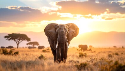 Obraz premium Elephant Sunset Savannah Africa.