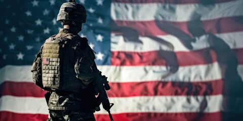 back view of solider with American flag background