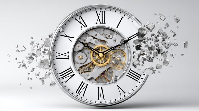 Clock with roman numerals and a broken face. The clock is missing its hands and numbers