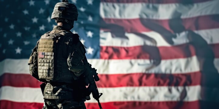 back view of solider with American flag background