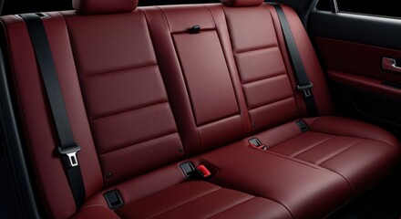Luxurious car interior showcases opulent burgundy leather seats and safety features