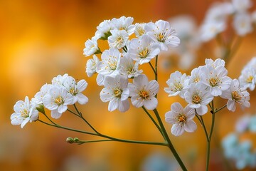 Tiny white babyâ€™s breath flowers clustered on a golden blurred backdrop, delicate and romantic wedding bouquet inspiration