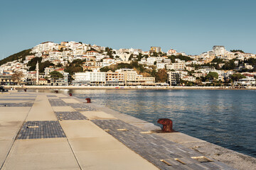 Modern seafront promenade and panoramic view of Ulcinj city from the pier, Montenegro