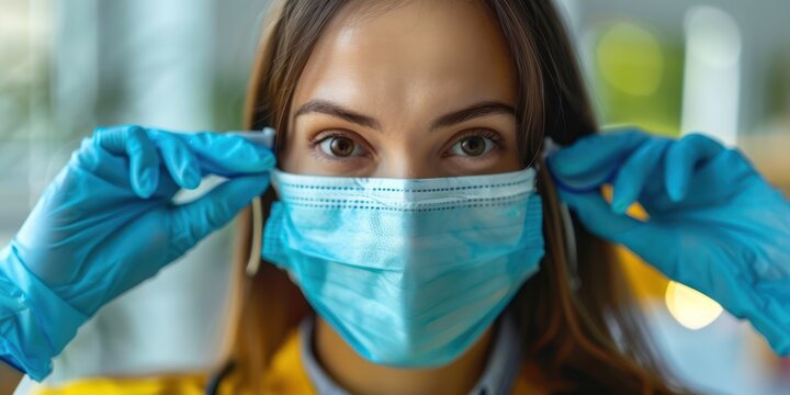 A young woman wearing a blue surgical mask and gloves, standing in a blurred indoor setting with a window in the background, holding a smartphone - Powered by Adobe
