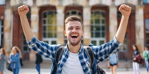 A young man with a beard, wearing a blue and white checkered shirt, standing in front of a large, old, stone building with arched windows