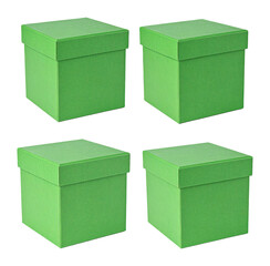 Fototapeta premium Four Smooth Green Gift Boxes Standing Proudly on a White Surface, Isolated on Transparent Background