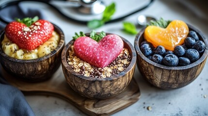 Heart-shaped fruit tops oatmeal bowls, medical theme