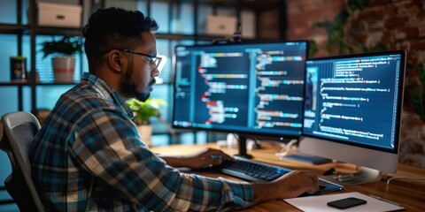 A young man wearing glasses, a plaid shirt, and a beard, is seated at a desk with a computer monitor displaying a coding interface