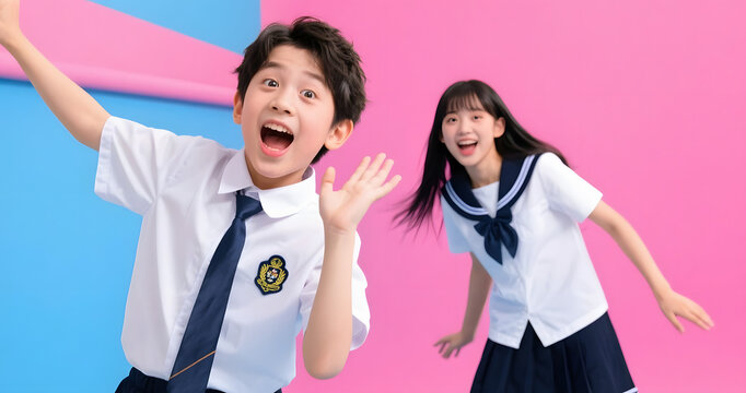 &Eacute;coliers asiatiques dans des postures amusantes v&ecirc;tus de leur uniforme scolaire, isol&eacute;s sur fond rose et bleu