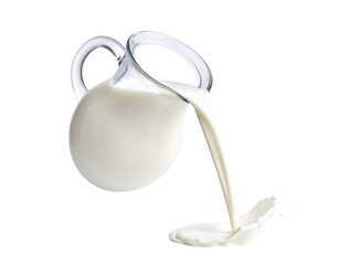 Fresh Milk Pouring from Jug – Creamy Liquid Splash and Dairy Concept isolated on white background 
