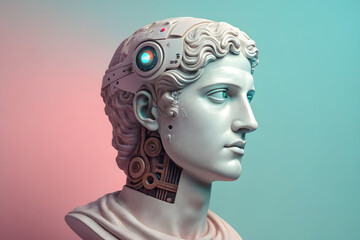 Classical marble bust with futuristic cybernetic enhancements and glowing eye on gradient blue and pink background