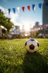 Obraz premium Soccer Ball Resting on Green Grass With Colorful Flags in a City Park During a Sunny Afternoon.