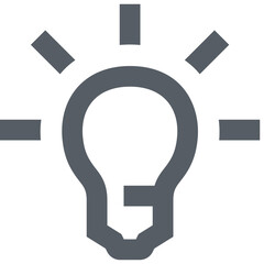 Illustration of a gray lightbulb with light rays emanating from it on a white background symbol idea