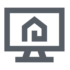 Illustration of a computer monitor displaying a house icon with a unique spiral design element inside