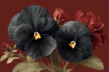 Velvet black pansy with golden center on a deep crimson background, gothic romance and luxury floral art