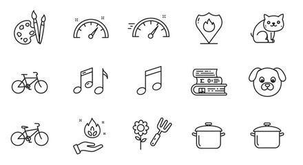 Black outline icon collection showing different activities such as painting, speedometer, books, and pets on a white background.