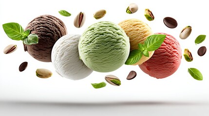 Close up of five different ice cream flavors with nuts and green leaves. The ice cream is flying through the air, giving the impression of a fun and playful scene
