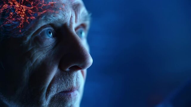 Glowing medical visualization revealing brain plaques developing within senior man's neural network, highlighting potential neurological progression linked to alzheimer's disease
