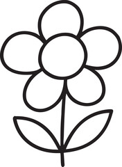 Simple Black and White Flower Outline with Five Petals and Two Leaves on a Stem basic