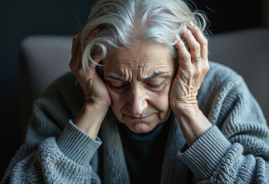 Elderly woman indoors, distressed, head in hands, dark background, social issue