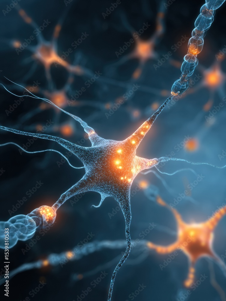 Poster Glowing Diagram of the Nervous System With Highlighted Synapses Against a Gradient Background Illustrating Neural Connections and Activity