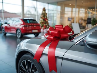 New Car Gift-Wrapped in a Showroom at Christmas