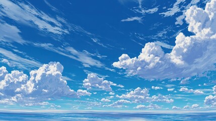Infinite Sky: A vast canvas of a cerulean expanse, dotted with fluffy, cumulus clouds drifting serenely across the blue horizon. The image evokes a sense of serenity and vastness.