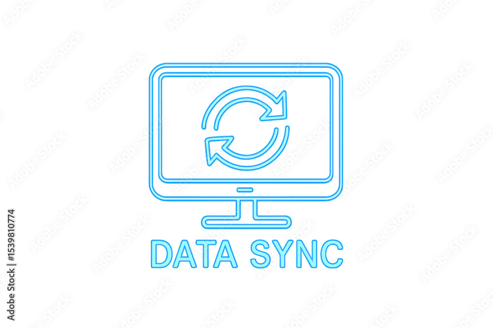 Poster Neon blue data sync icon with rotating arrows on a computer monitor, symbolizing data synchronization, updating, or refreshing on a transparent background