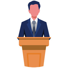 Speaker presenting at wooden podium vector isolated white background