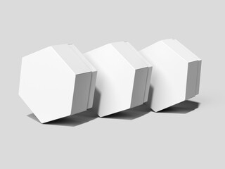 Three White Blank Hexagon Shape Gift Box Mockup 3D Renderinng on Gray Background