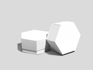 White Blank Hexagon Shape Box Packaging Mockup 3D Renderinng on Gray Background