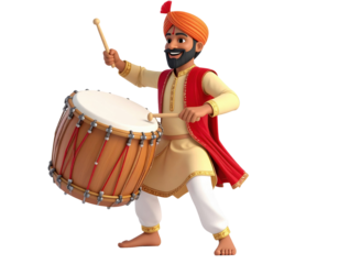 Colorful Illustration of Indian Man Playing Traditional Drum with Cultural Attire on White Background
