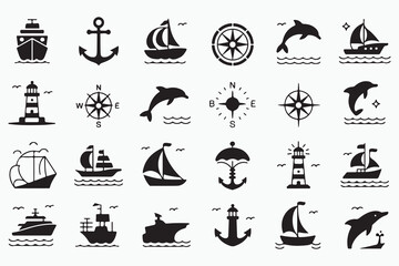 Maritime and nautical icon set. Vector glyph pictograms of ship, anchor, compass, lighthouse, dolphin, sailing, marine life, ocean travel black silhouette illustration. 