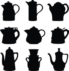 Hand Drawn Silhouette Vector Teapots;  Brewing Shadows of Tradition; Vector on a white background kettle silhouette set
