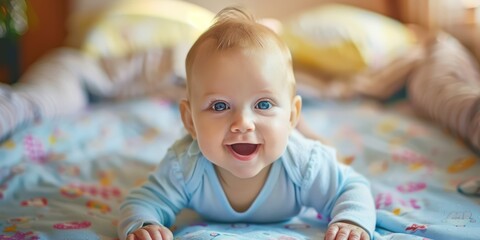 A cheerful baby boy with blonde hair and blue eyes, wearing a blue onesie, lying on his stomach on a colorful bedspread with a yellow pillow and a white blanket in the background