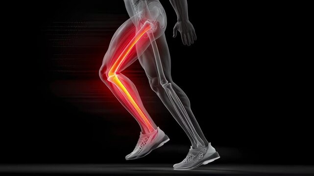 Semi transparent legs of an athlete running showing glowing tibia and fibula bones, highlighting a stress fracture, against a black background