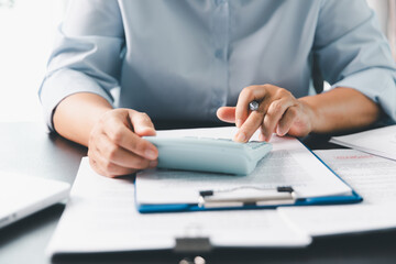 Business person with contract law and paper work for business finance, loan application form, contract real estate and insurance concept. signing contract, working on desk, business document