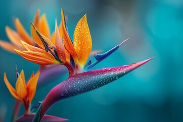Vibrant bird of paradise flower on a bright turquoise bokeh background, tropical and exotic floral photography