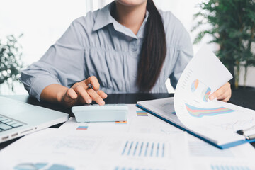Business woman analyze calculate company financial, tax results office accounting statistics...