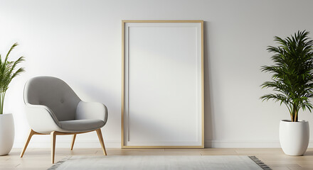 Mockup of empty frame on a chair in minimalist interior, interior design mockup for art or photo display
