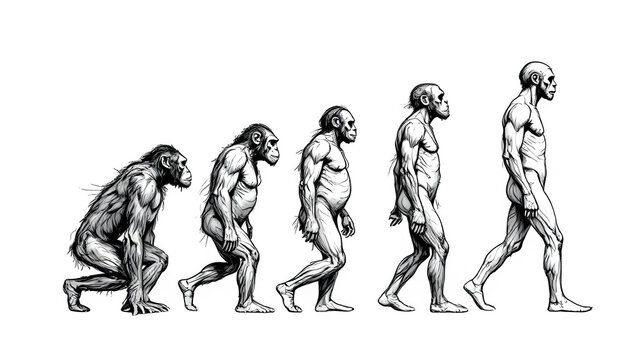 Ai generated image of stages of human evolution from ape to man isolated on transparent background