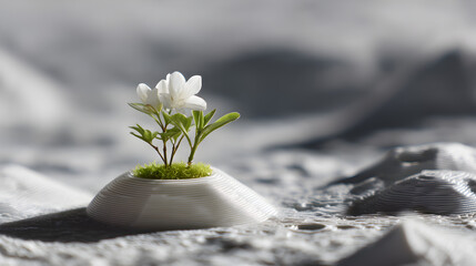 A small white flower with green leaves grows from a mossy patch on a textured, wave-like surface in a minimalistic, serene setting.