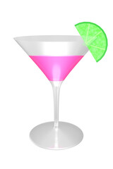 Pink martini cocktail in glass with lime slice garnish, elegant alcoholic drink isolated on transparent background, stylish bar beverage illustration, PNG image