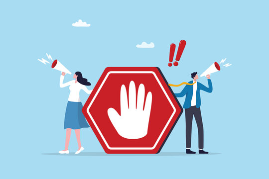 Forbidden warning, prohibition, don't do or stop rule, false or restriction, danger, bad hazard disallow message, illegal or ban concept, business people announce forbidden message with prohibit sign.