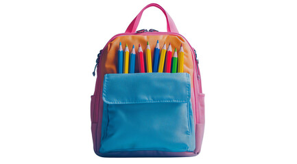 Colorful backpack with school supplies, created with AI, PNG