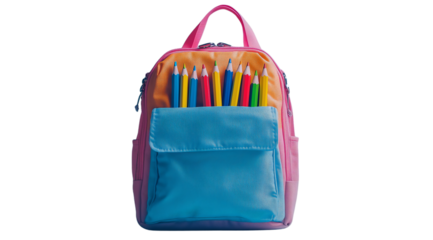 Colorful backpack with school supplies, created with AI, PNG